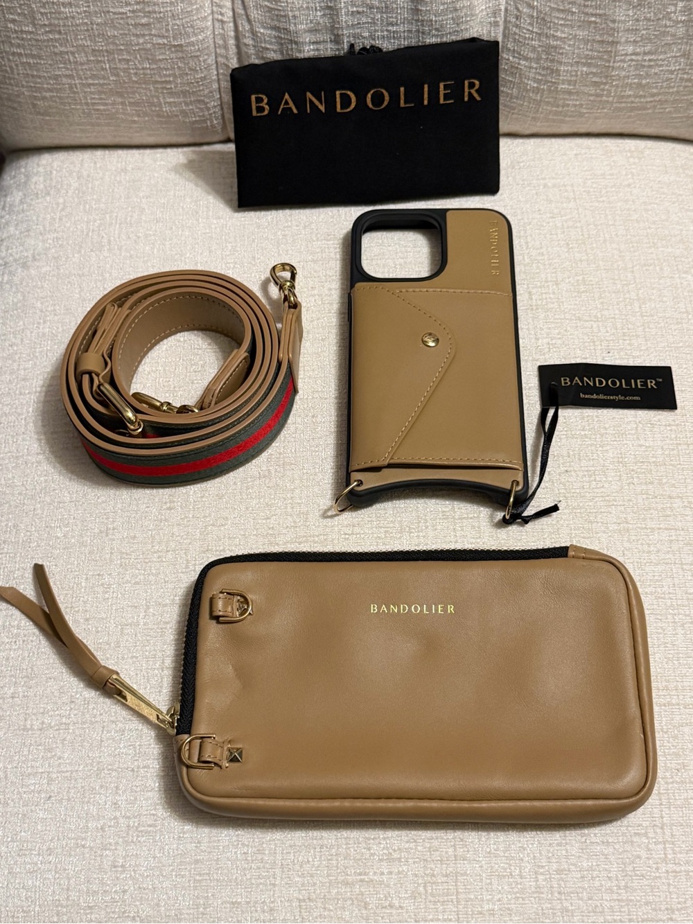 Bandolier Tan Leather Phone Case Set with Strap and Wristlet